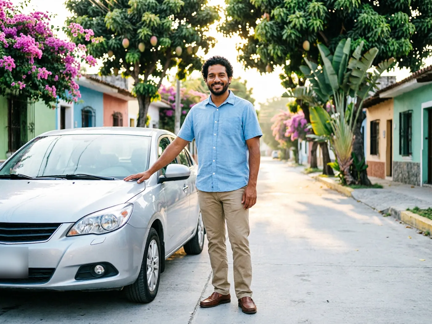 Hombre sonriente junto a su auto