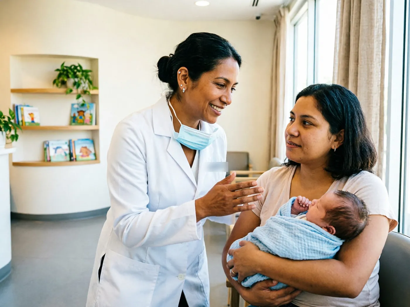 Doctora platicando con una mamá y su bebé