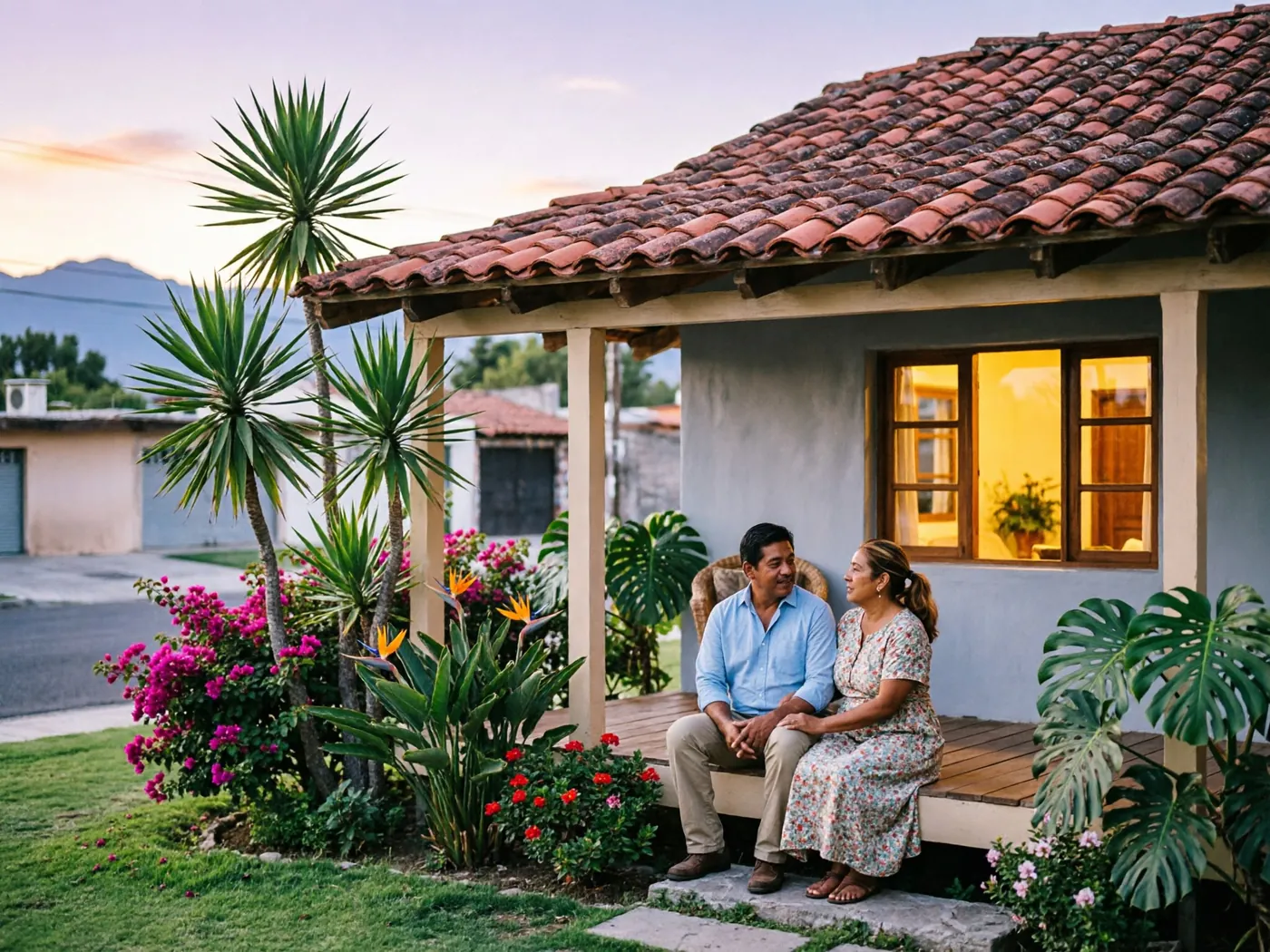 Pareja sentada en el porche de su casa