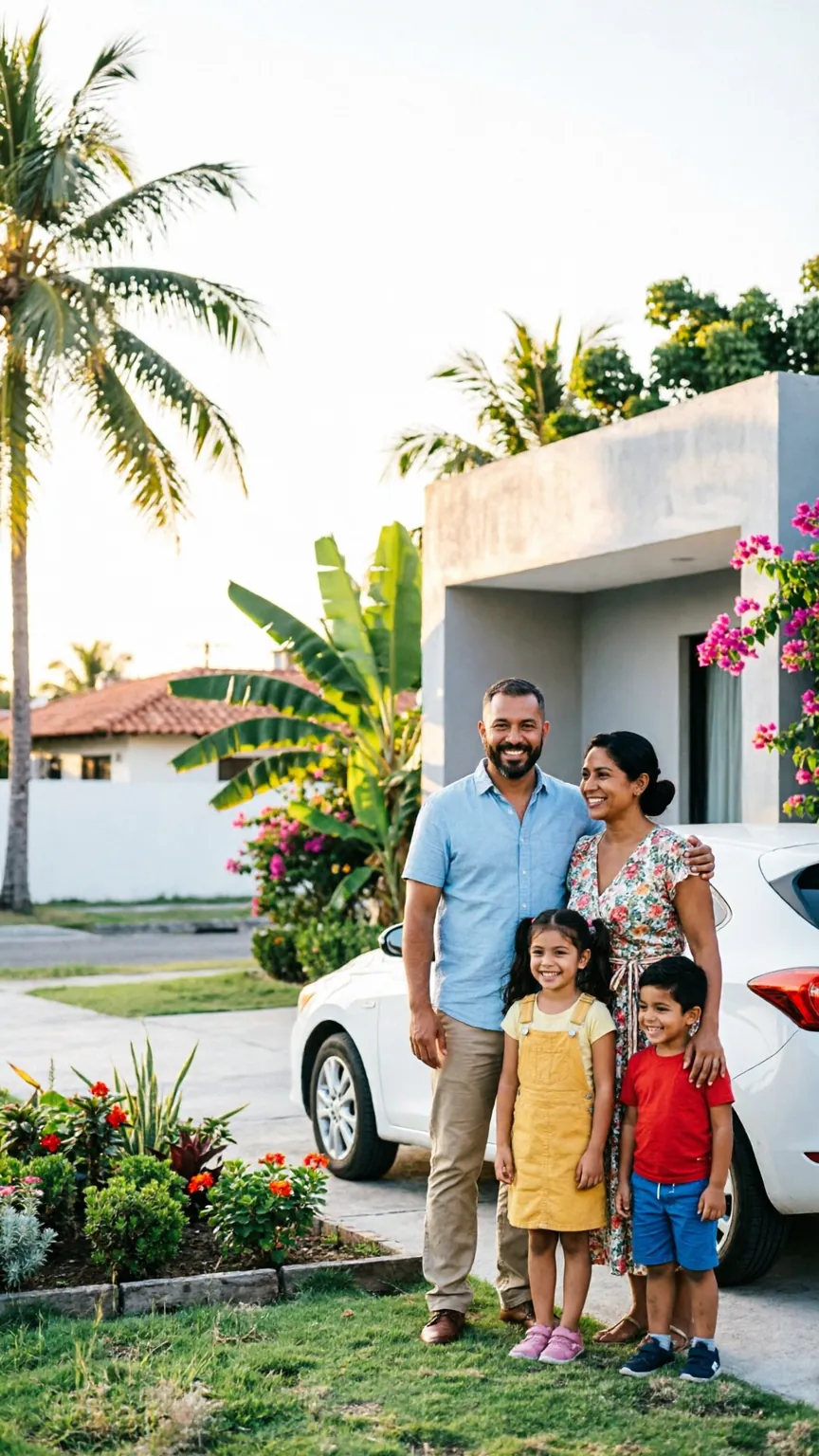 Familia mexicana frente a su casa y su auto