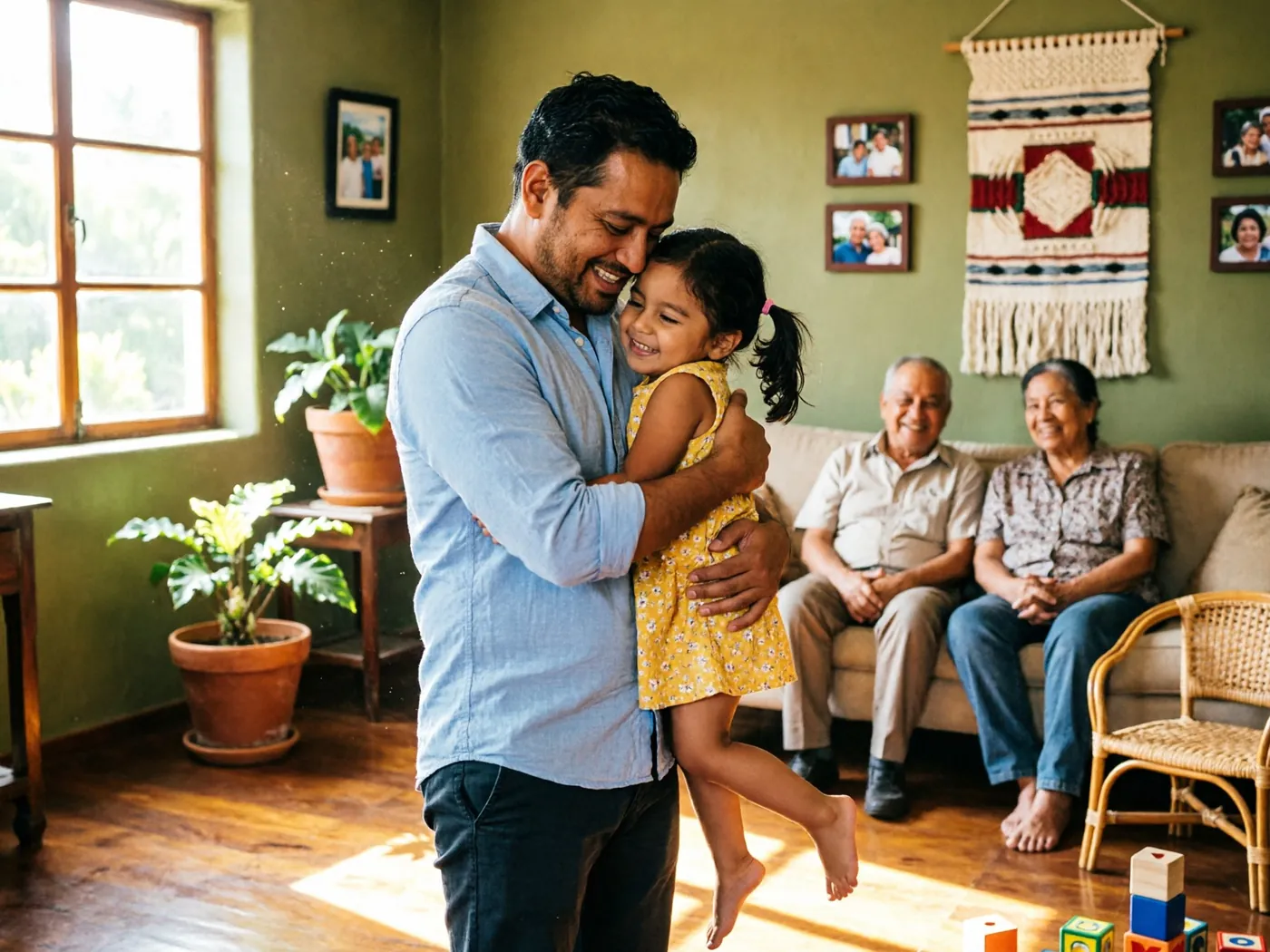 Padre abrazando a su hija en casa